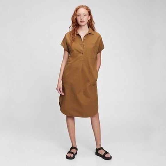 Gap short sleeve popover midi dress in deep camel size Medium Tall 100% cotton - Picture 2 of 13